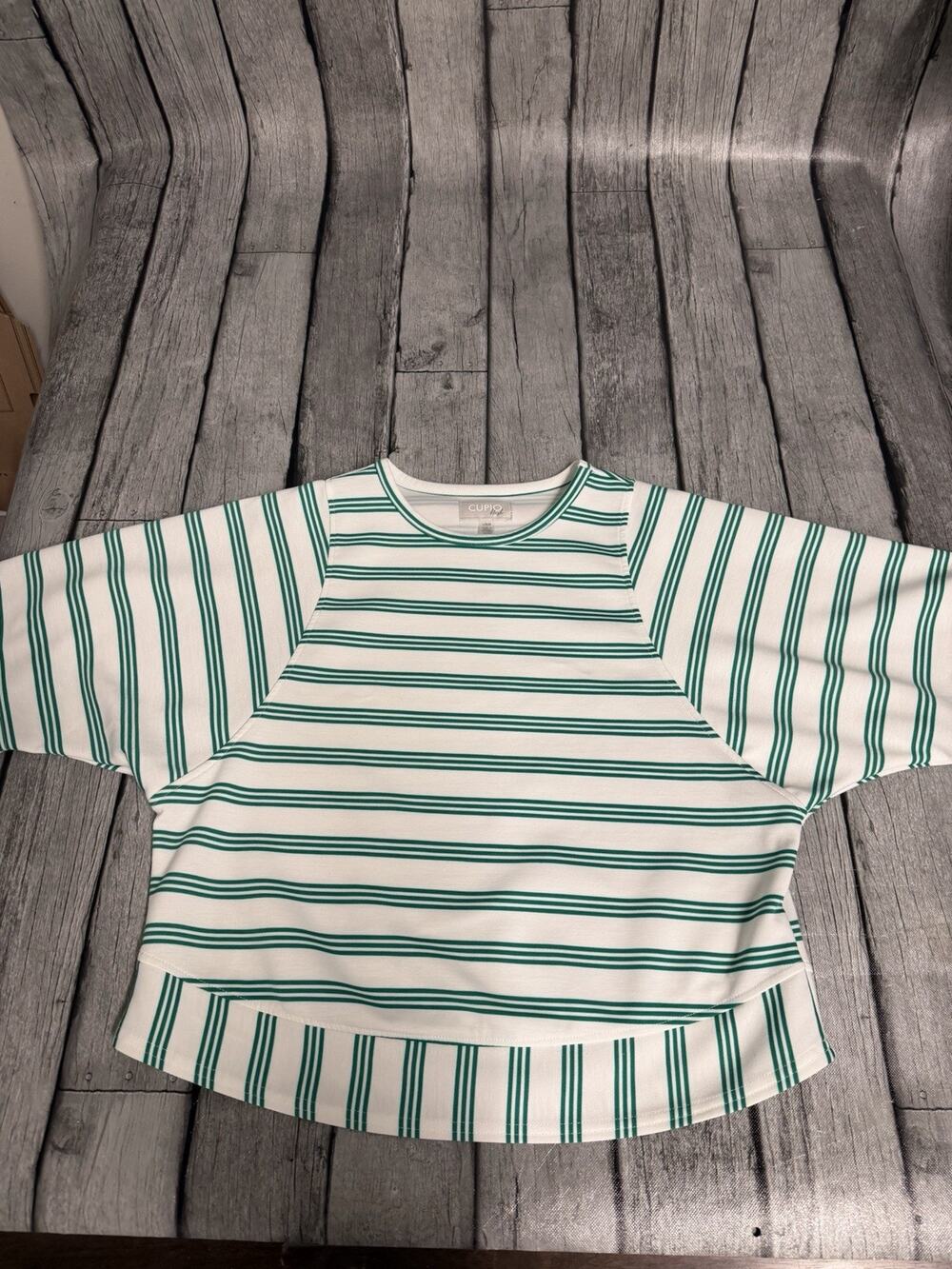 Women's Cupio Blush White Green Striped Short Sleeve Boxy Top Shirt Sz Large